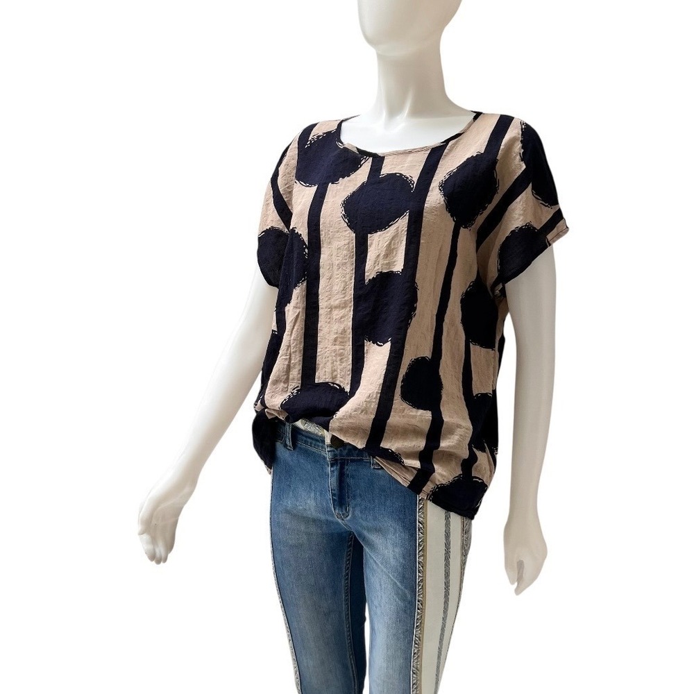 Striped Women Blouse L Cotton Abstract Print Boho Artsy Lagenlook Boxy Earthy